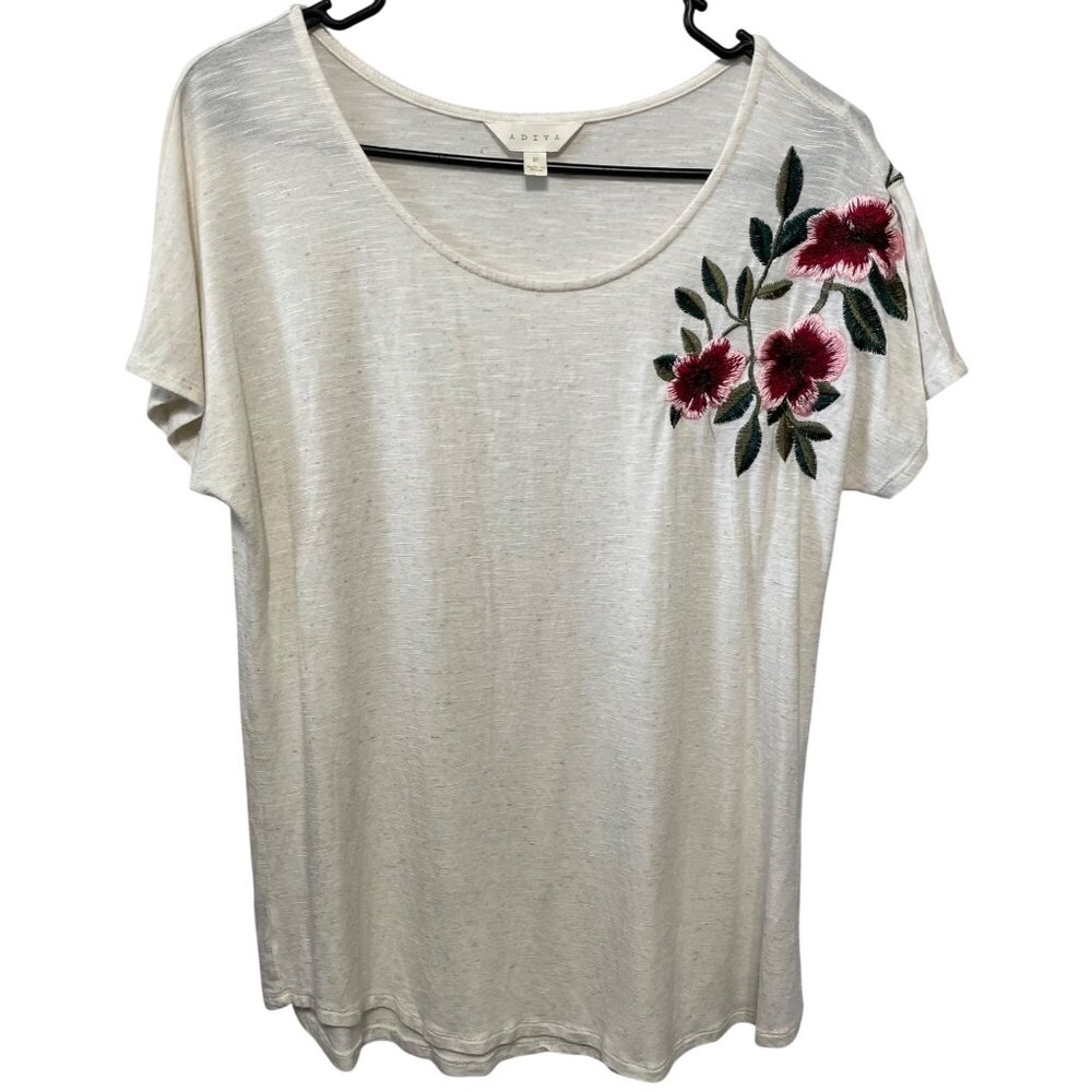 Floral Beauty! Adiva Embroidered Cream Tee Shirt Top M